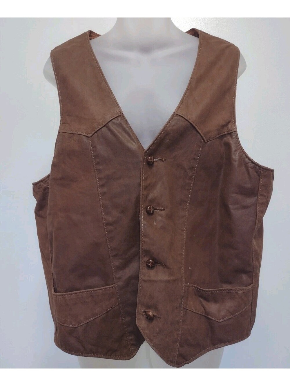 Vintage Steer Brand Leather Vest Men L Made USA Western Cowboy 70s 80s Brown